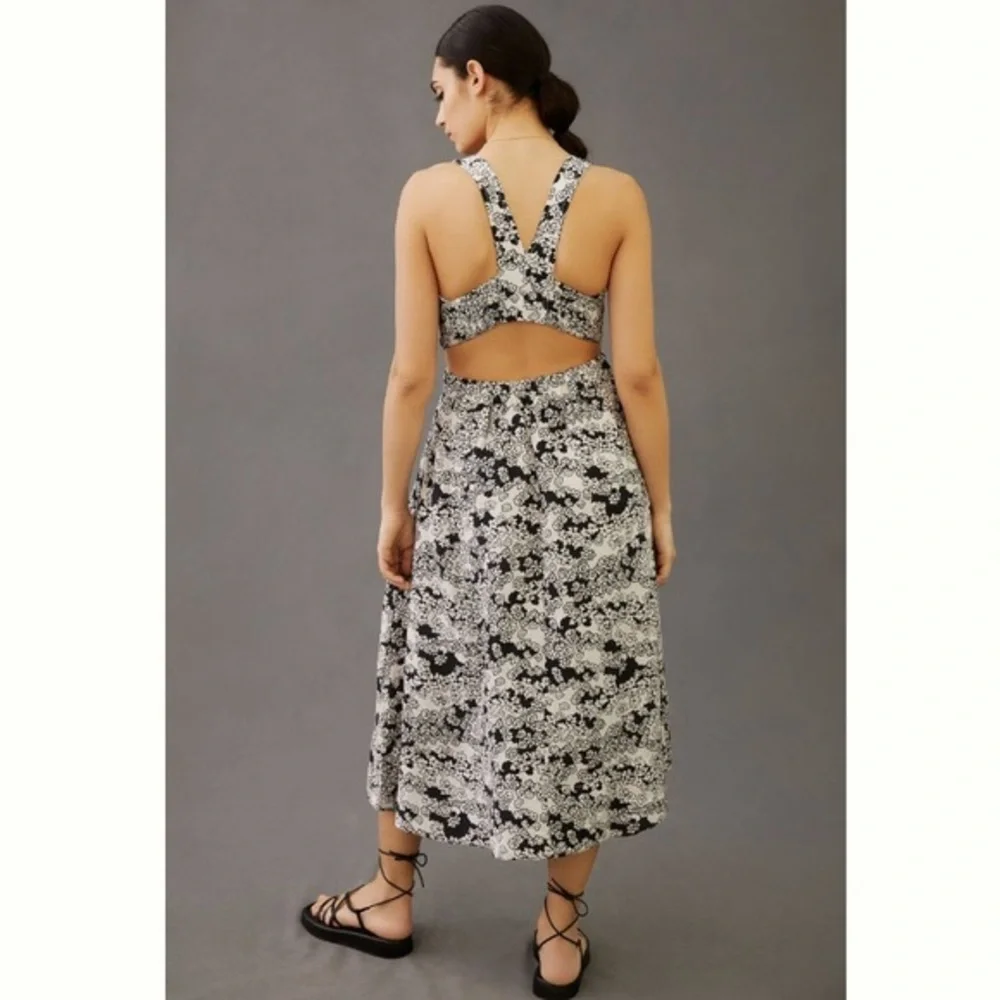 NWT Anthropologie Smocked Floral Cut Out Midi Dress White & Black Large - Picture 3 of 15